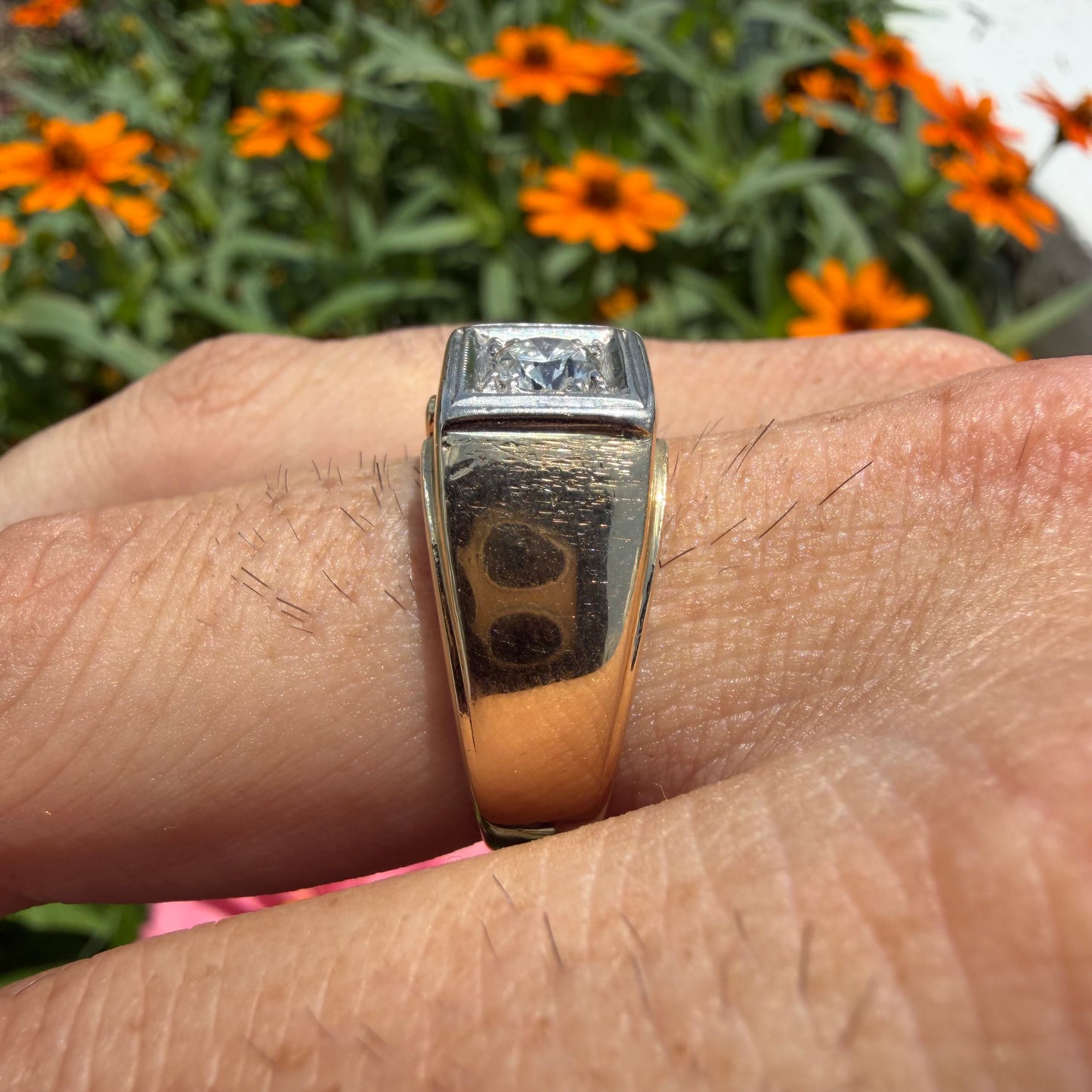 Art Deco Solid 14k Yellow Gold .60ct Old Euro Cut Natural Diamond Solitaire Gents Ring (10.5)
