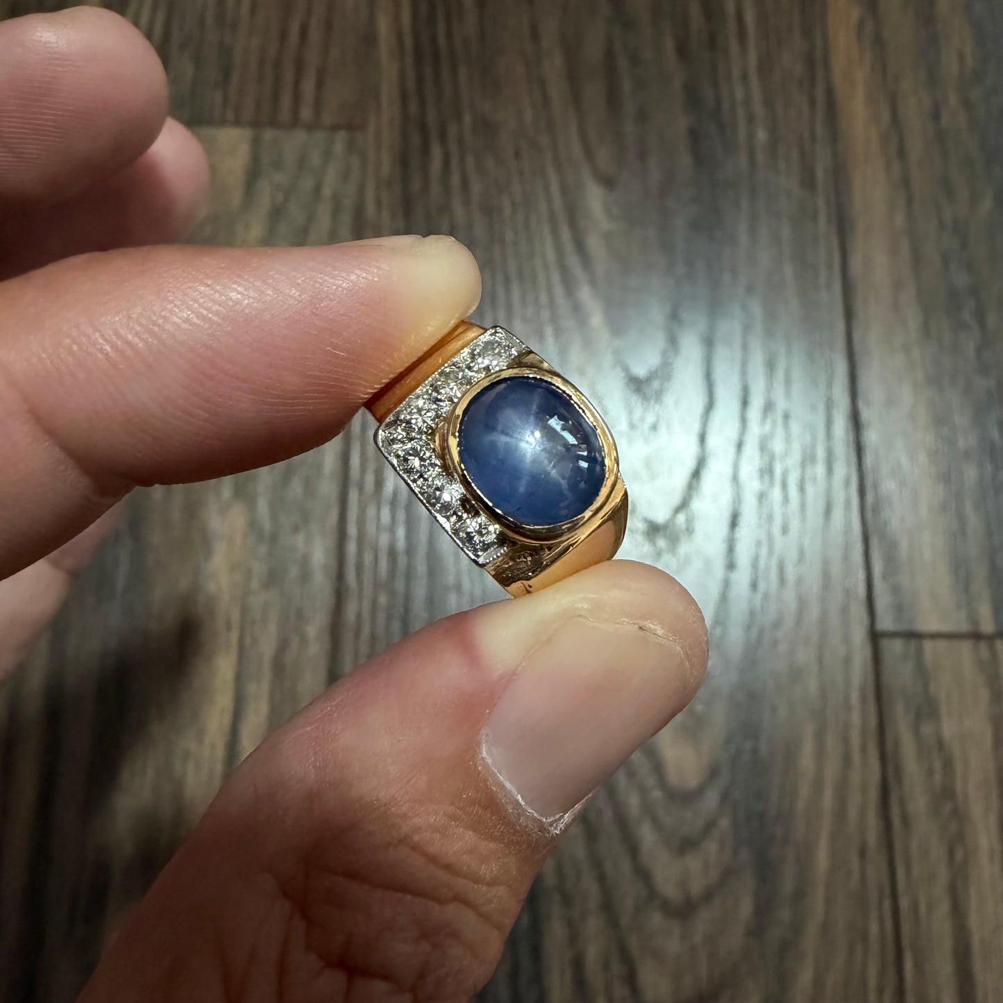 Art Deco Solid 14k Yellow Gold Natural Blue Star Sapphire Old Euro Cut Diamond Ring (8)