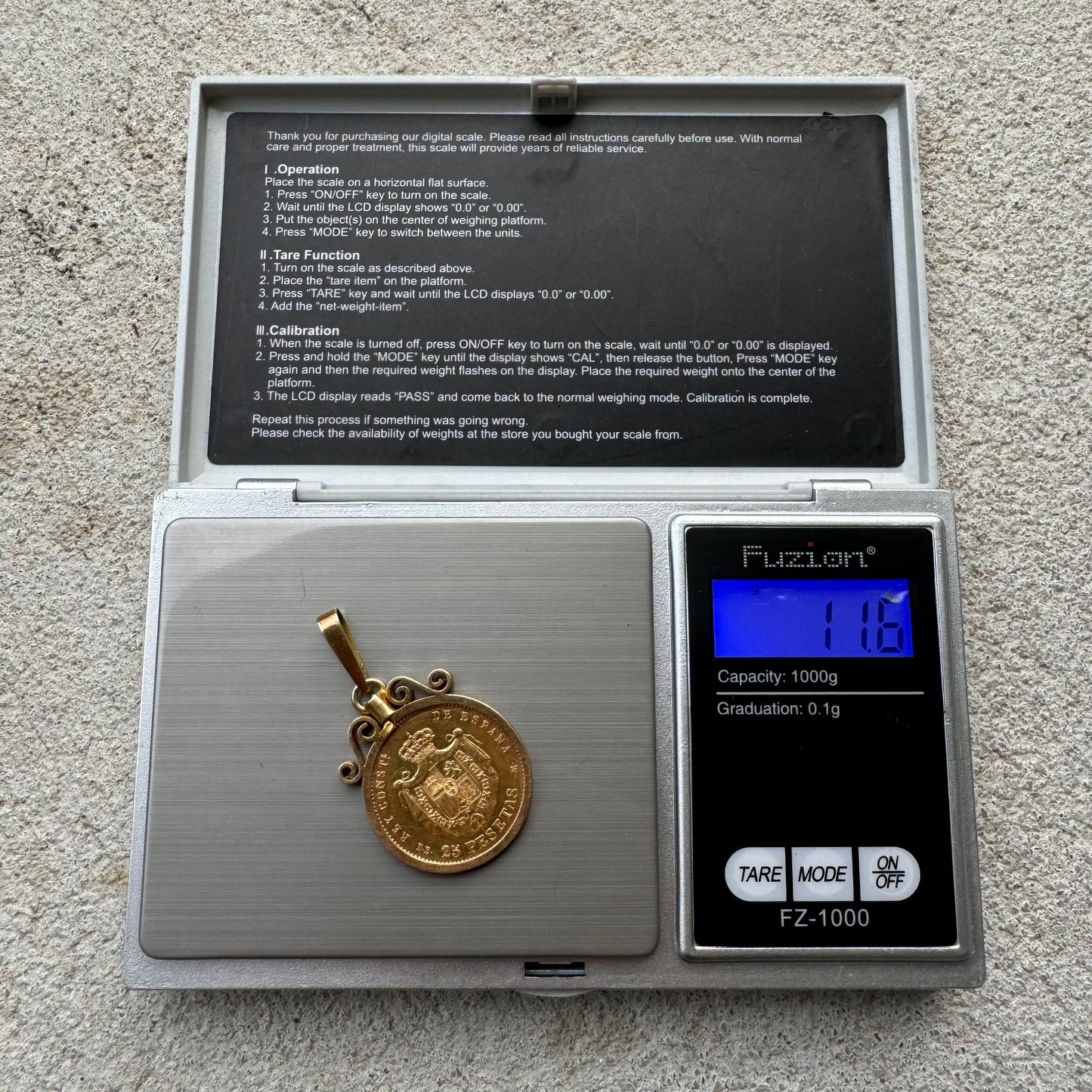 1877 $25 Pesetas Spanish Gold Coin (22k) In Original 18k Handmade Bezel Pendant