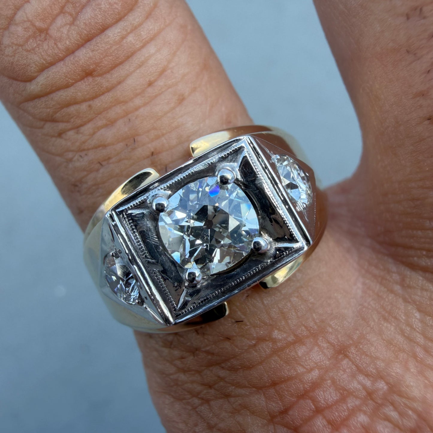 Art Deco Solid 14k Yellow Gold 1.7ctw Natural Old Euro Cut Diamond Trilogy Ring (14)