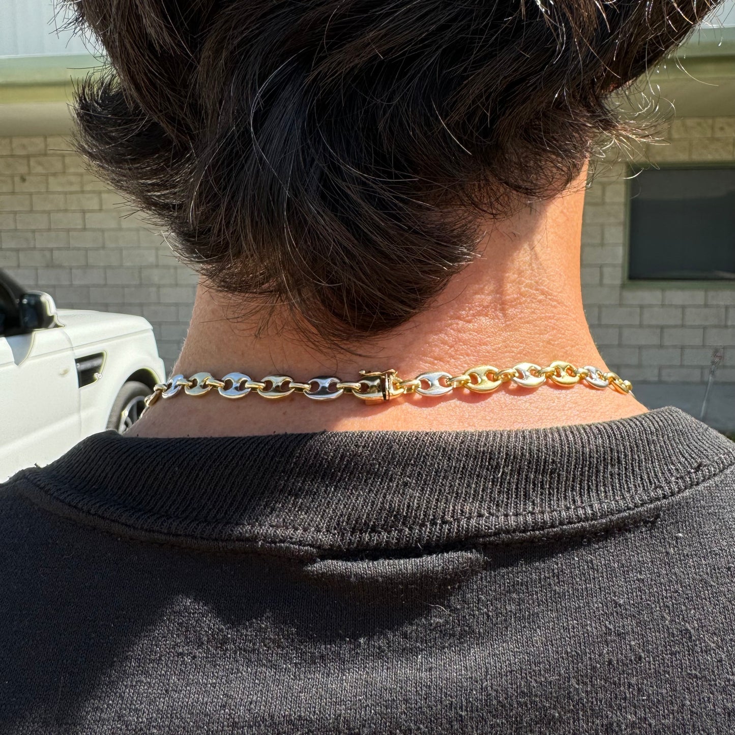 Vintage Solid 18k Two-Tone Yellow And White Gold Classic Puffed Gucci Link Necklace (17.75”)