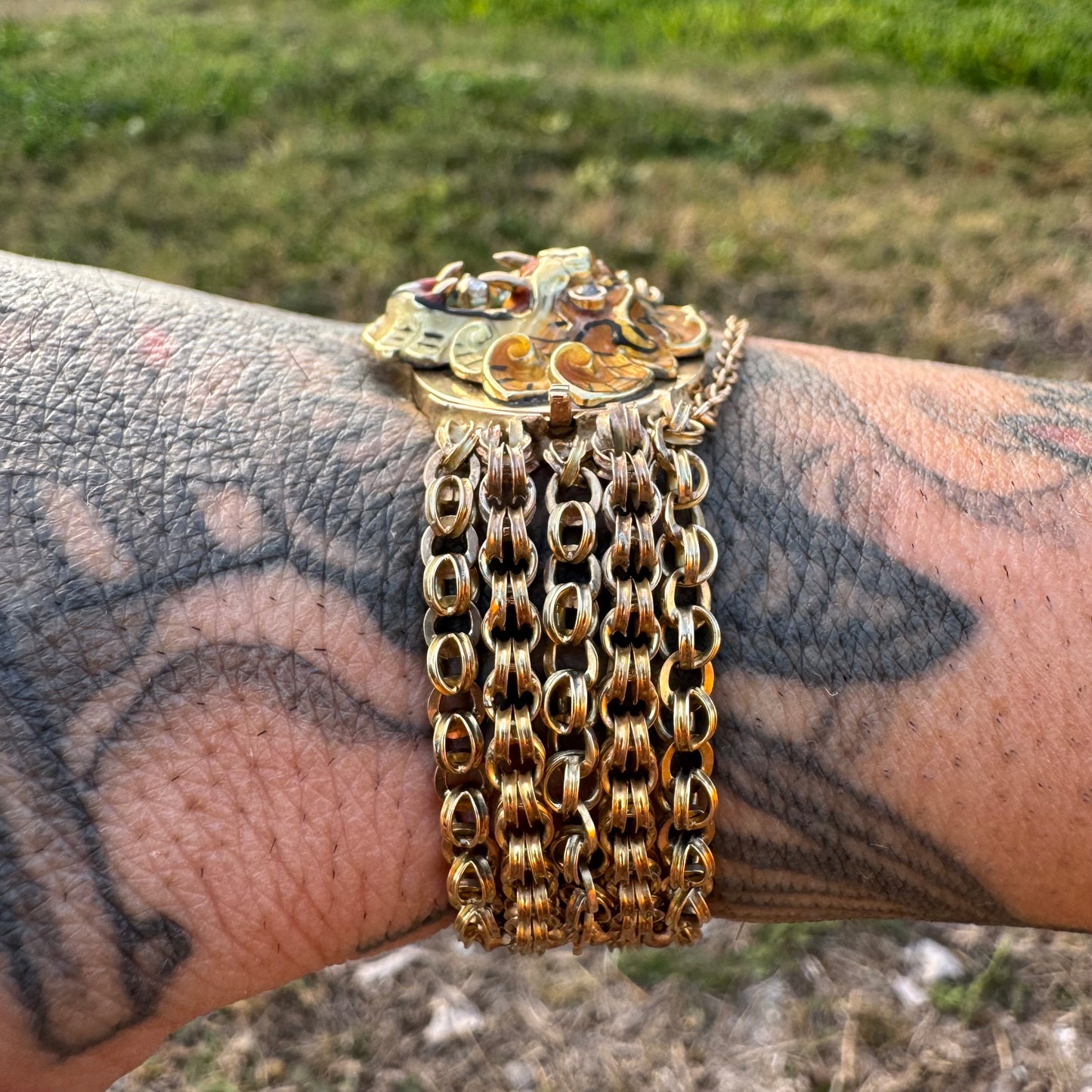 Art Nouveau Solid 14k Yellow Gold Natural Old Mine Cut Diamond Enameled Tiger Bracelet (6.25”)