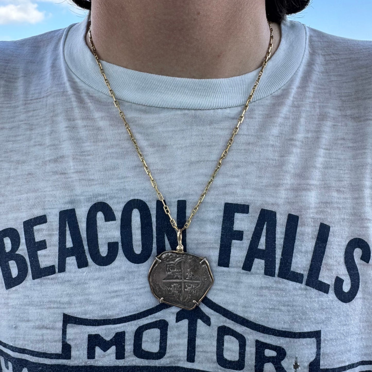 1600’s Philip III Silver 8 Reales Shipwreck Coin 14k Yellow Gold Pendant