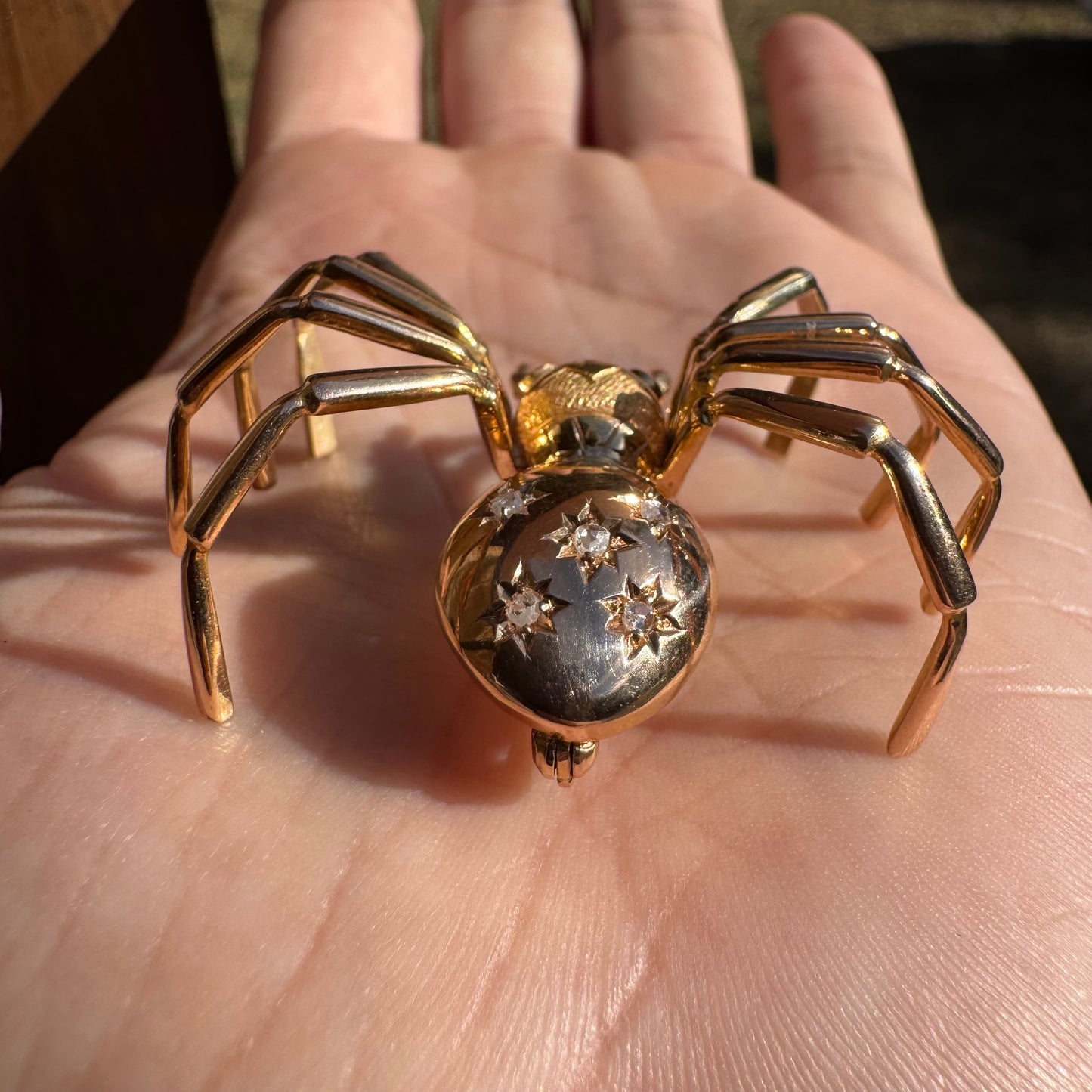 Victorian Solid 18k Gold Natural Rose Cut Diamond And Ruby Large Spider Brooch Pendant
