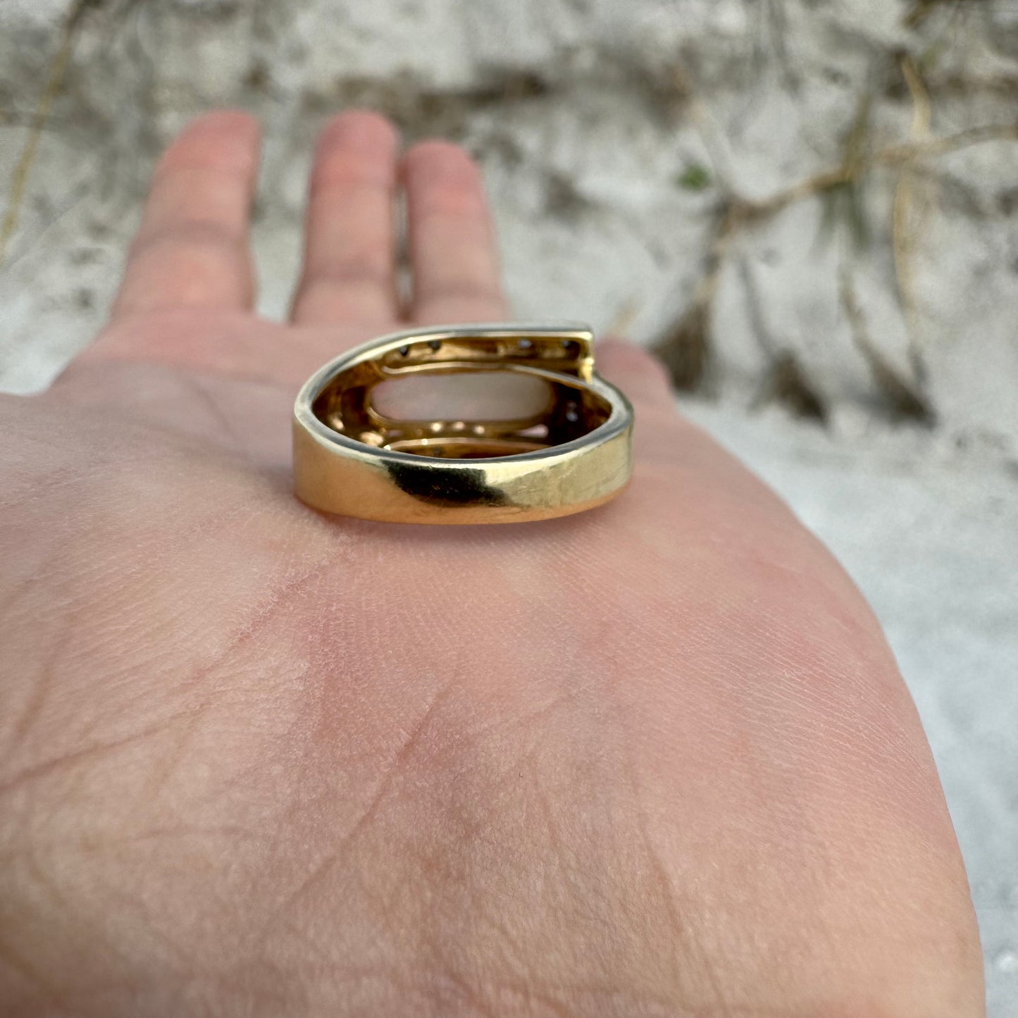 Vintage 14k Yellow Gold Chunky Natural Diamond And Opal Modernist Ring (6.5)