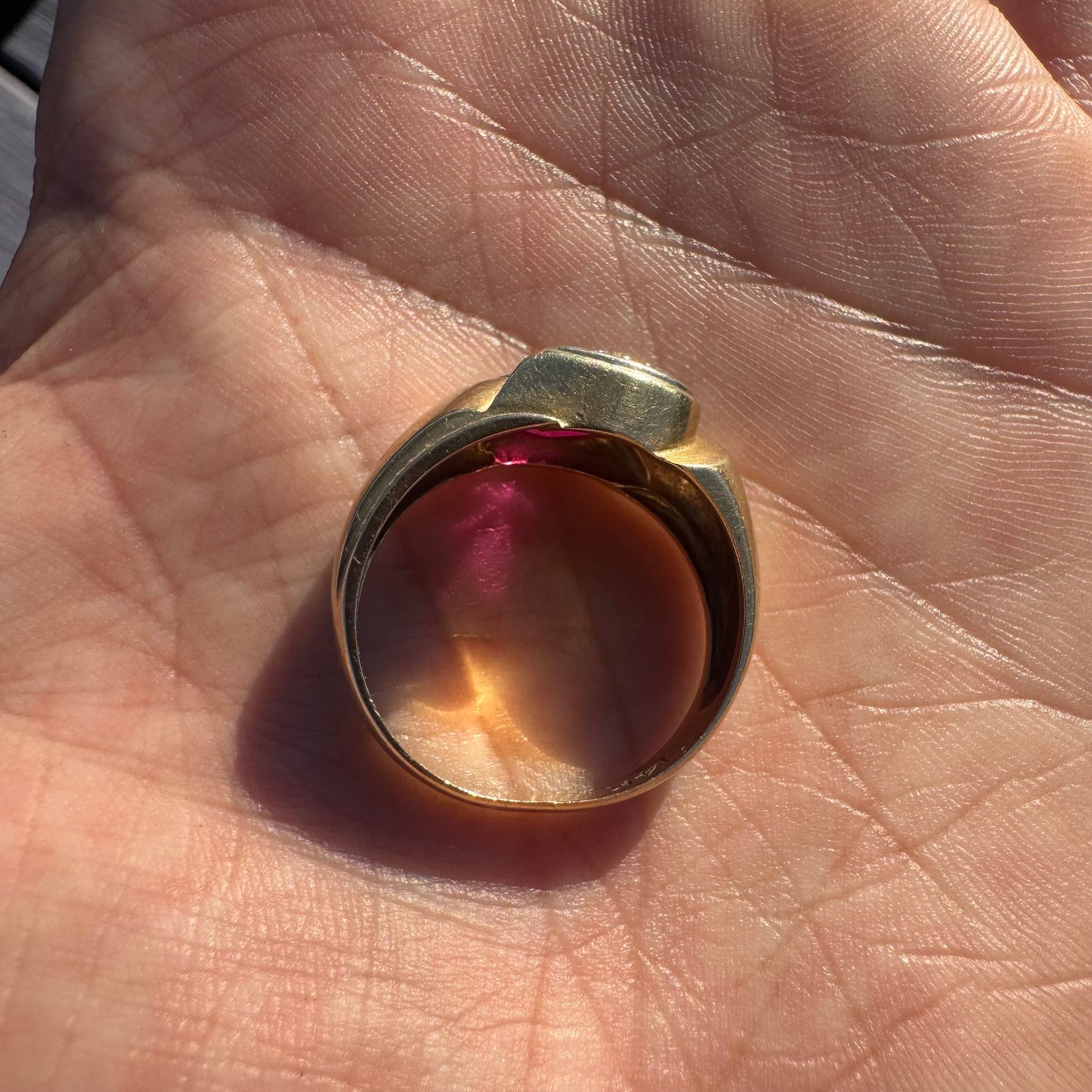 Vintage Solid 14k Yellow Gold Natural Diamond Pink Spinel Tony Soprano Pinky Ring (9.5)