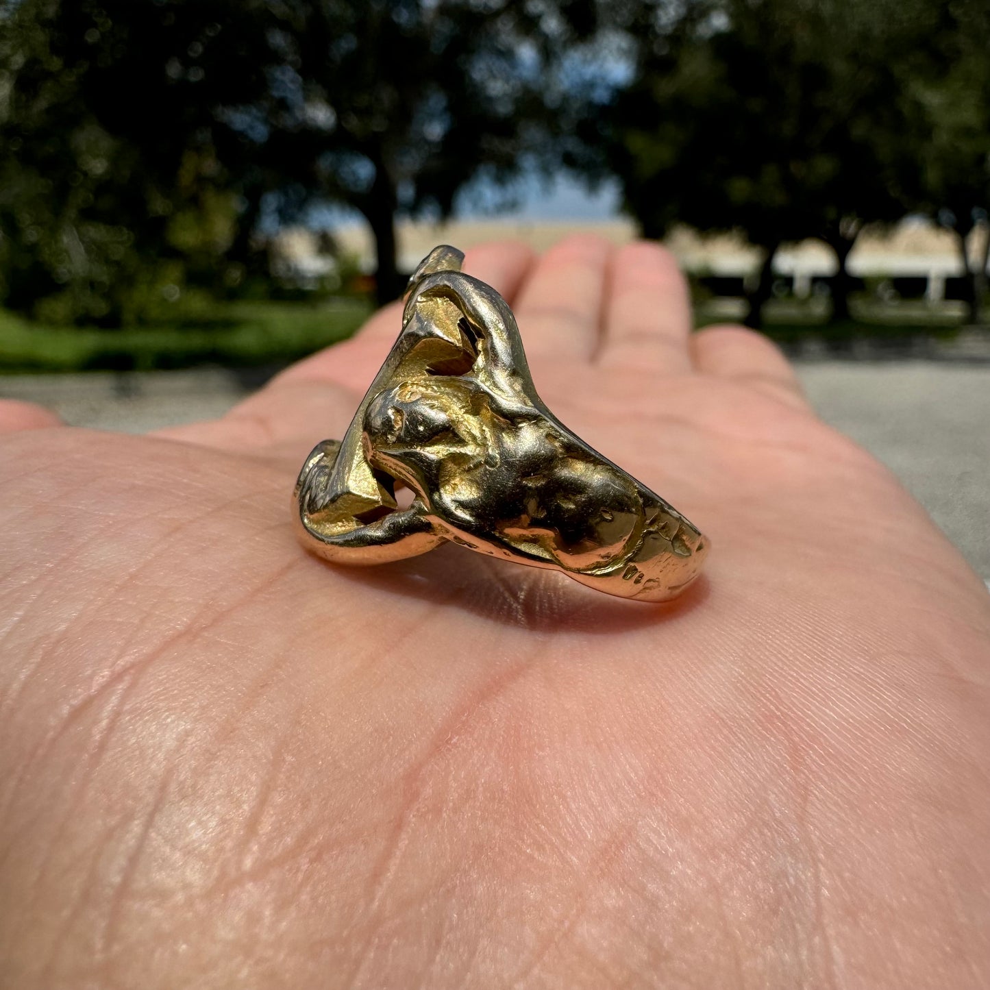 Art Nouveau Solid 14k Yellow Gold Mermaid Scroll Signet Ring (11)