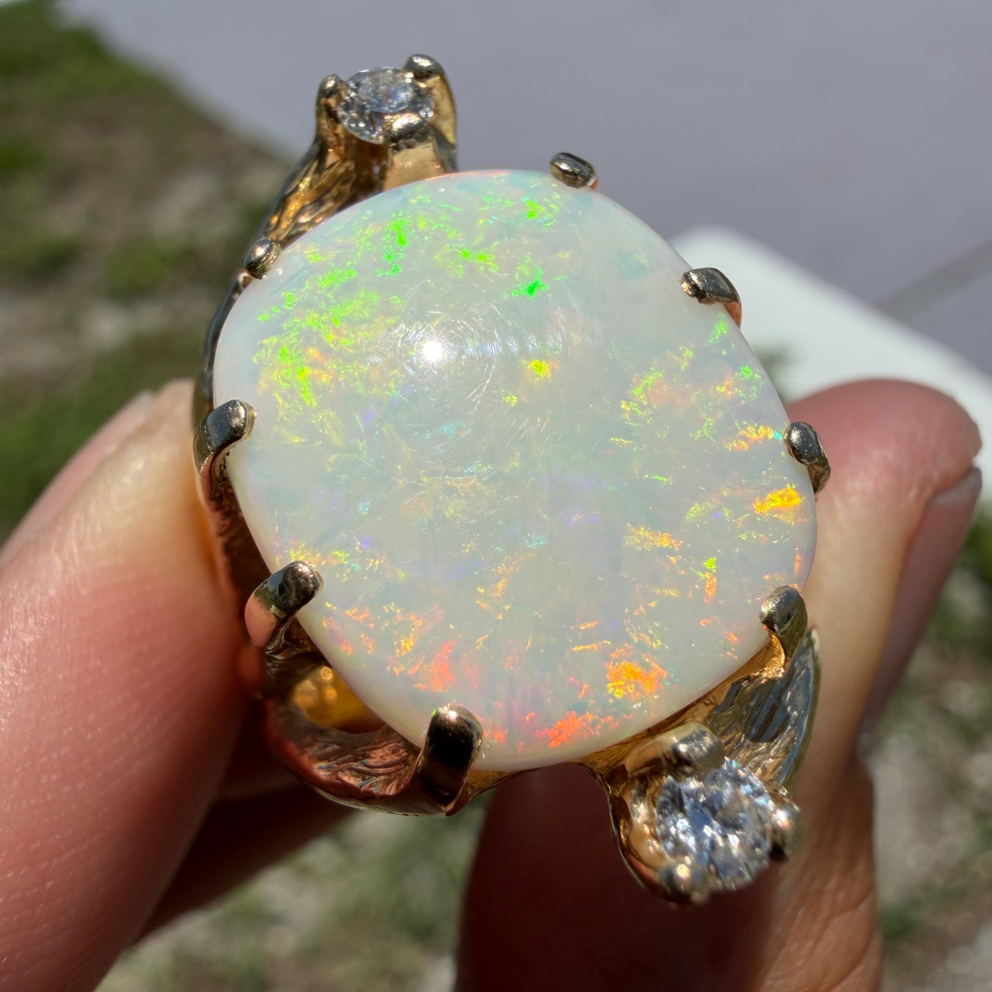 Vintage Artisan Crafted Solid 14k Yellow Gold Natural White Opal And Diamond Brutalist Ring (8)