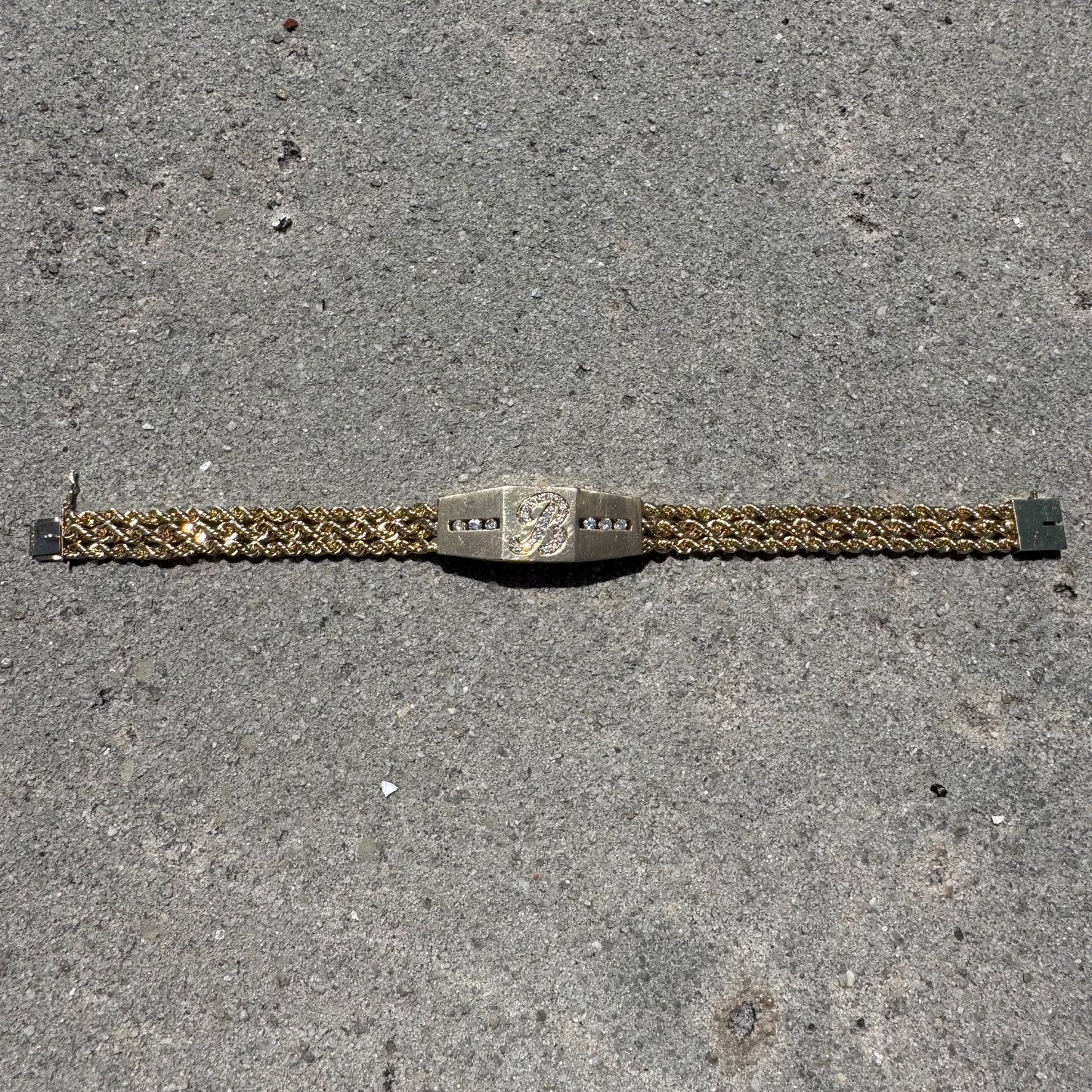 Vintage Custom Solid 14k Yellow Gold 1.0ctw Natural Diamond “B” Nameplate Triple Rope Bracelet (8”)