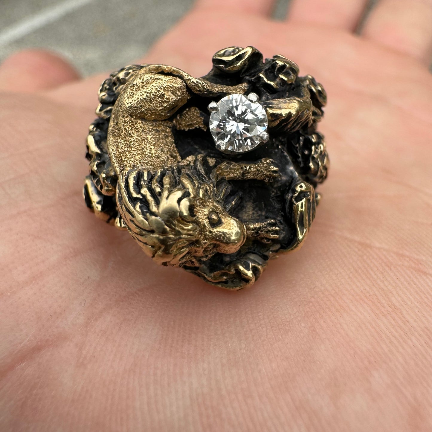 Vintage Solid 14k Yellow Gold .25CT Natural VS Diamond Heavyweight Lion Ring (7.75)