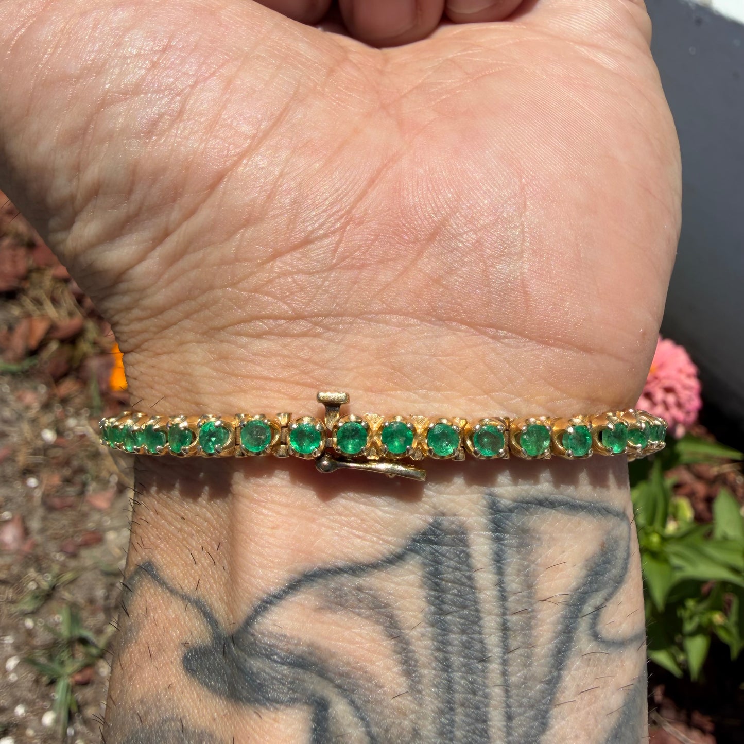 Vintage Solid 14k Yellow Gold 4.5ctw Natural Emerald Tennis Bracelet (7.5”)