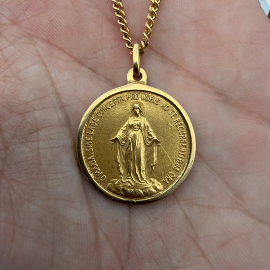 Art Deco Solid 18k Yellow Gold Virgin Mary Miraculous Medallion Pendant