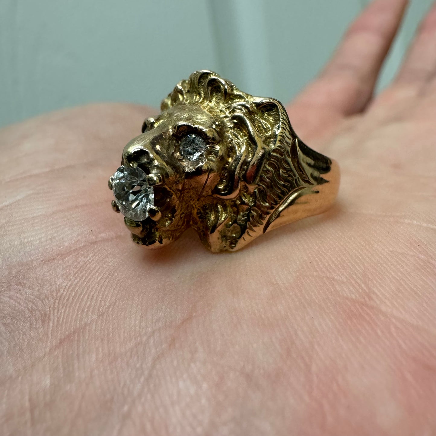 Victorian Era Solid 14k Yellow Gold .50Ct Natural Old Euro Cut Diamond Lion Ring (7.5)