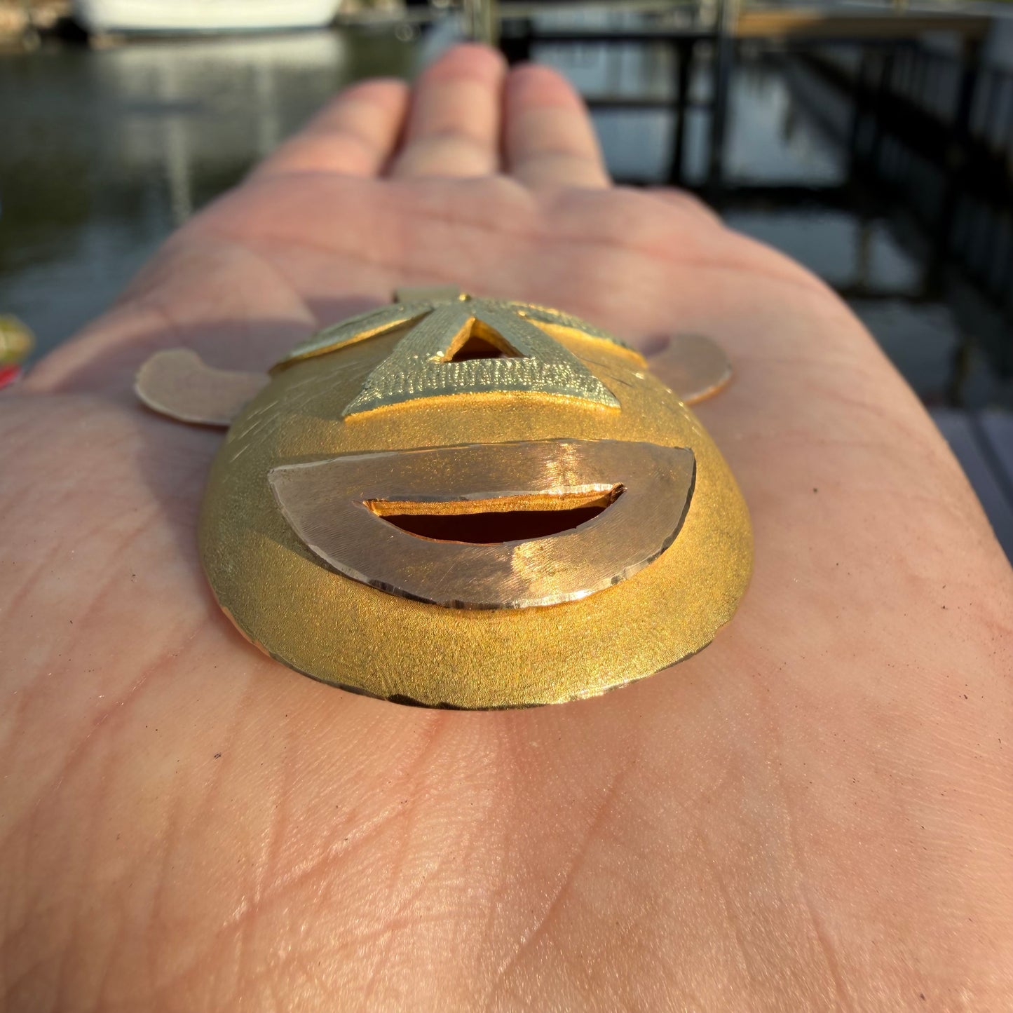 Mid-Century Solid 18k Gold Large Mexican Folkart Diablo Mask Pendant