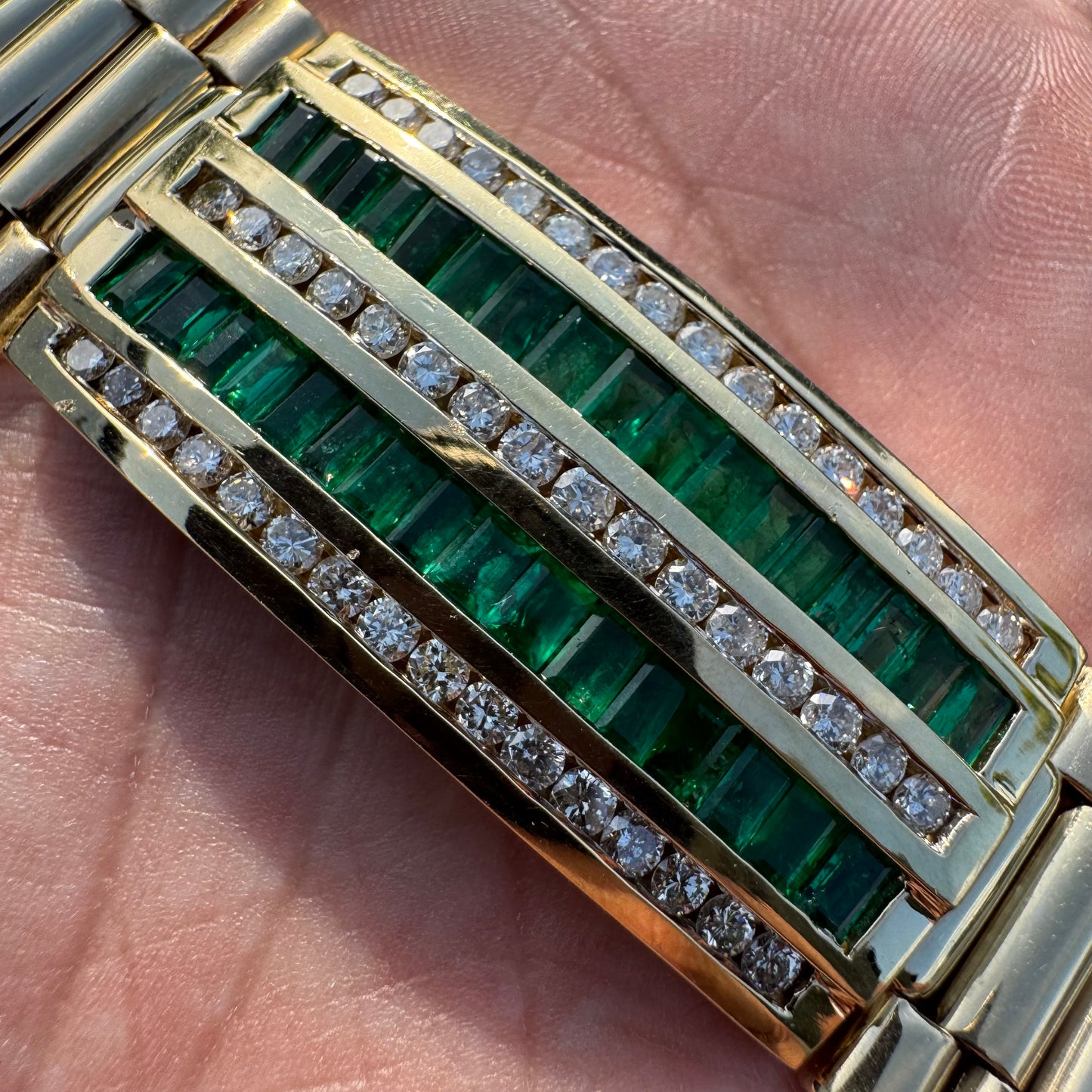 Vintage Solid 14k Yellow Gold 6.0ctw Natural Emerald 2.5ctw Natural Diamond Channel Set Jubilee Bracelet (8.25”)