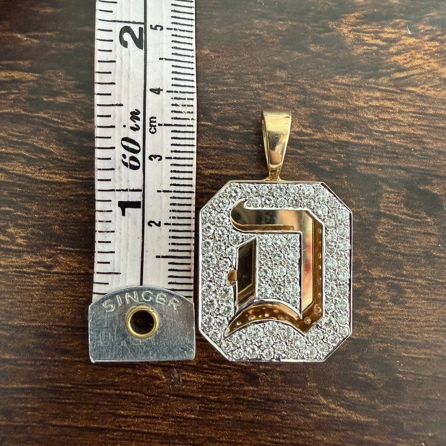 Vintage Custom Made Solid 14k Yellow Gold 3.25ctw Natural VS Diamond Encrusted “D” Pendant