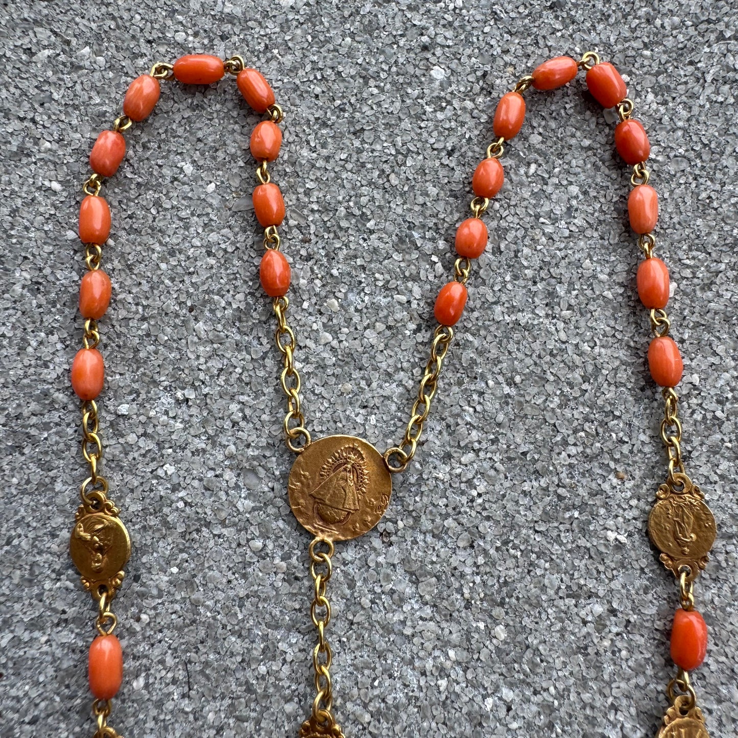 Antique French Hallmarked 18k Yellow Gold Angel Skin Coral Rosary Necklace (23”)