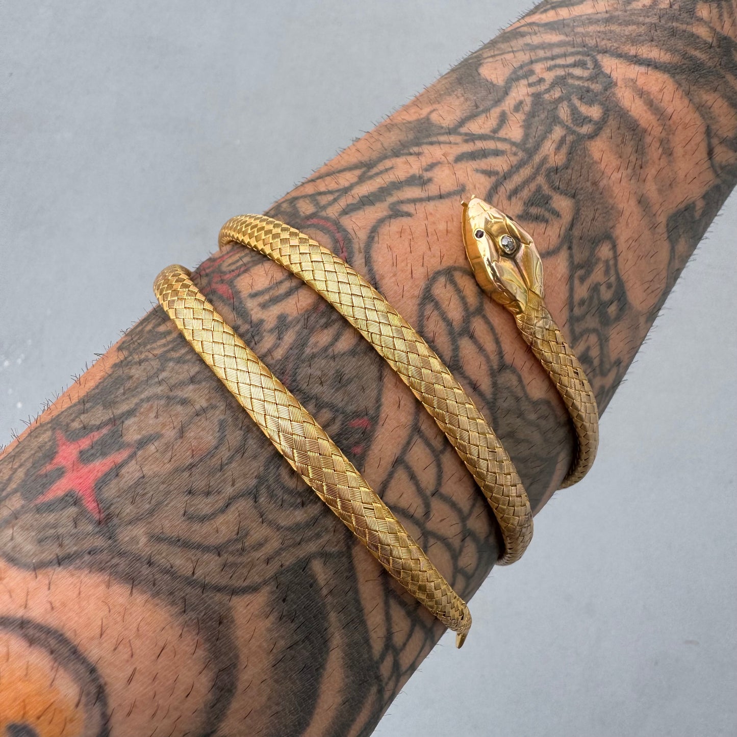 Circa 1840’s Early Victorian 19.7k Yellow Gold Woven Flexible Snake Band (24”)