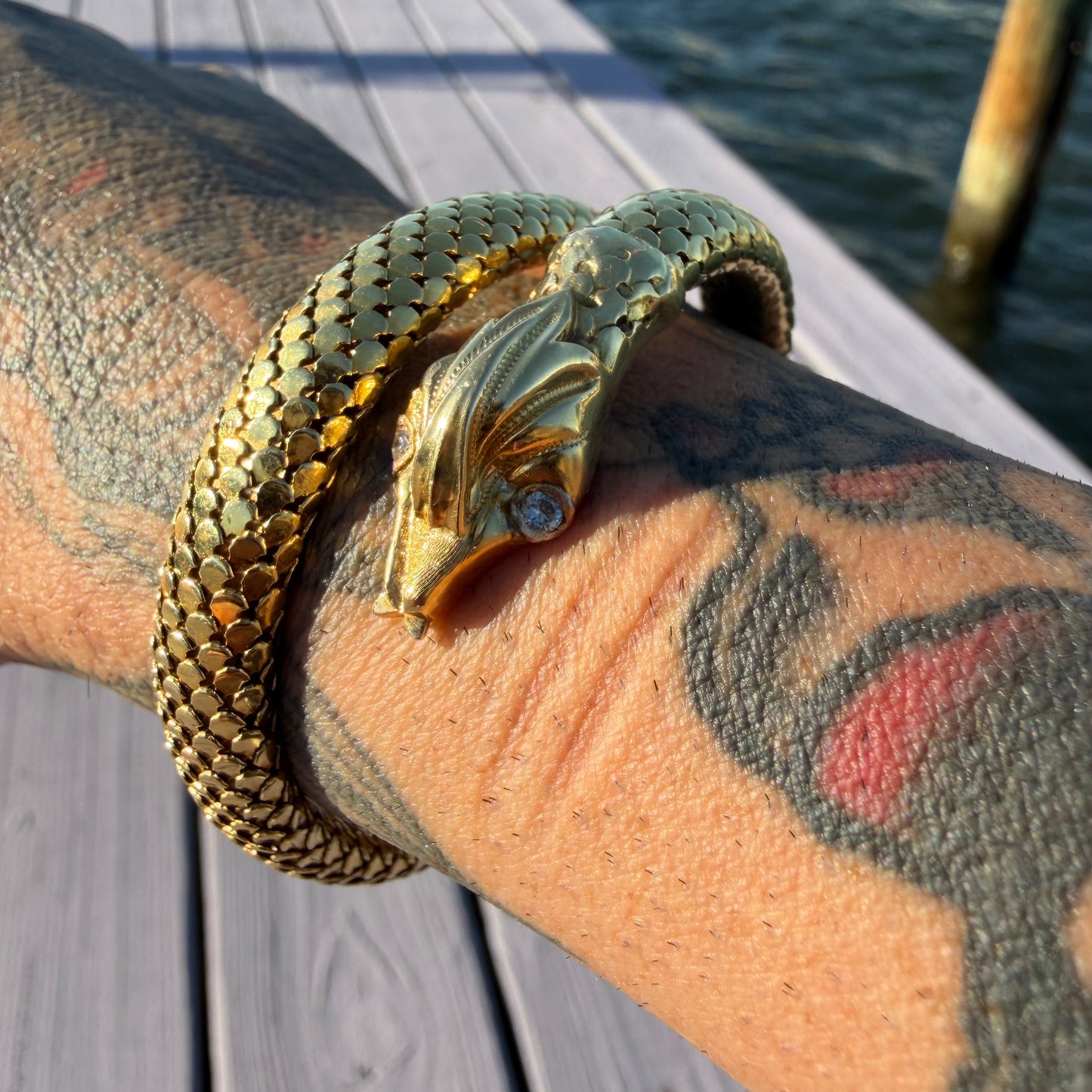 Circa 1940’s Italian Designer 18k Yellow Gold Flexible Mesh Heavyweight Snake Bracelet (6”-7.75”)