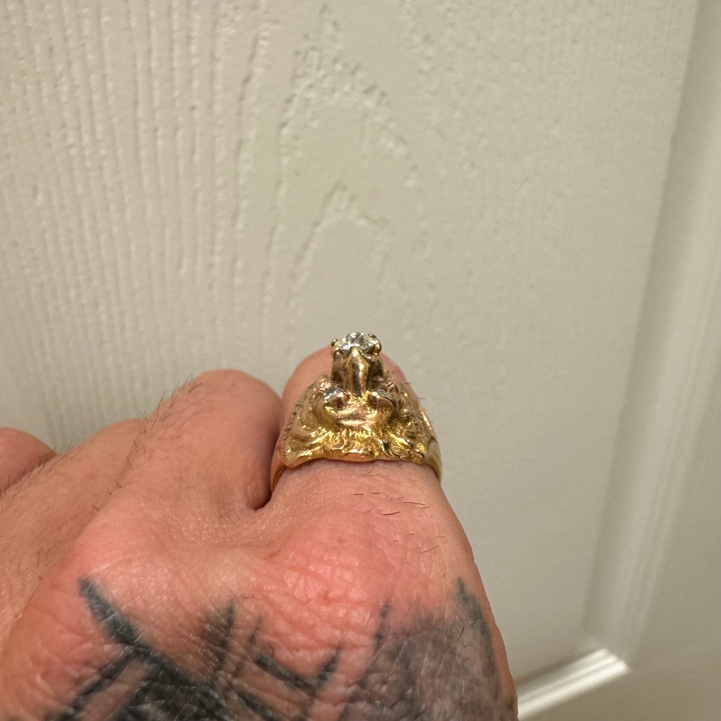 Victorian Era Solid 14k Yellow Gold .50Ct Natural Old Euro Cut Diamond Lion Ring (7.5)