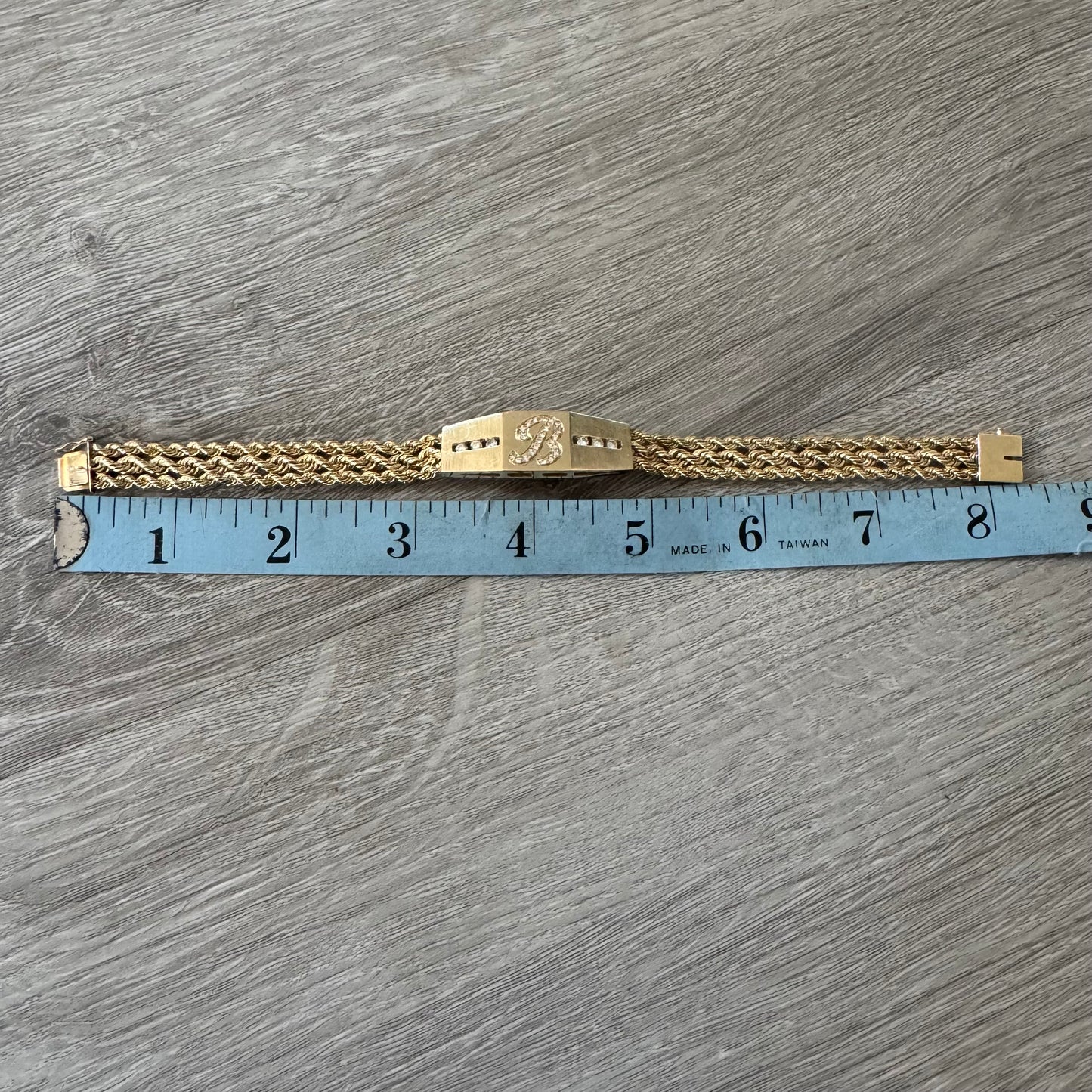 Vintage Custom Solid 14k Yellow Gold 1.0ctw Natural Diamond “B” Nameplate Triple Rope Bracelet (8”)