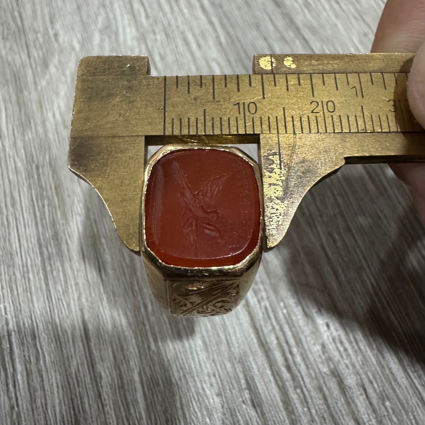 1800’s Victorian 14k Yellow Gold Carnelian Intaglio “Dispatch” Pigeon Post Signet Ring (7-7.5)