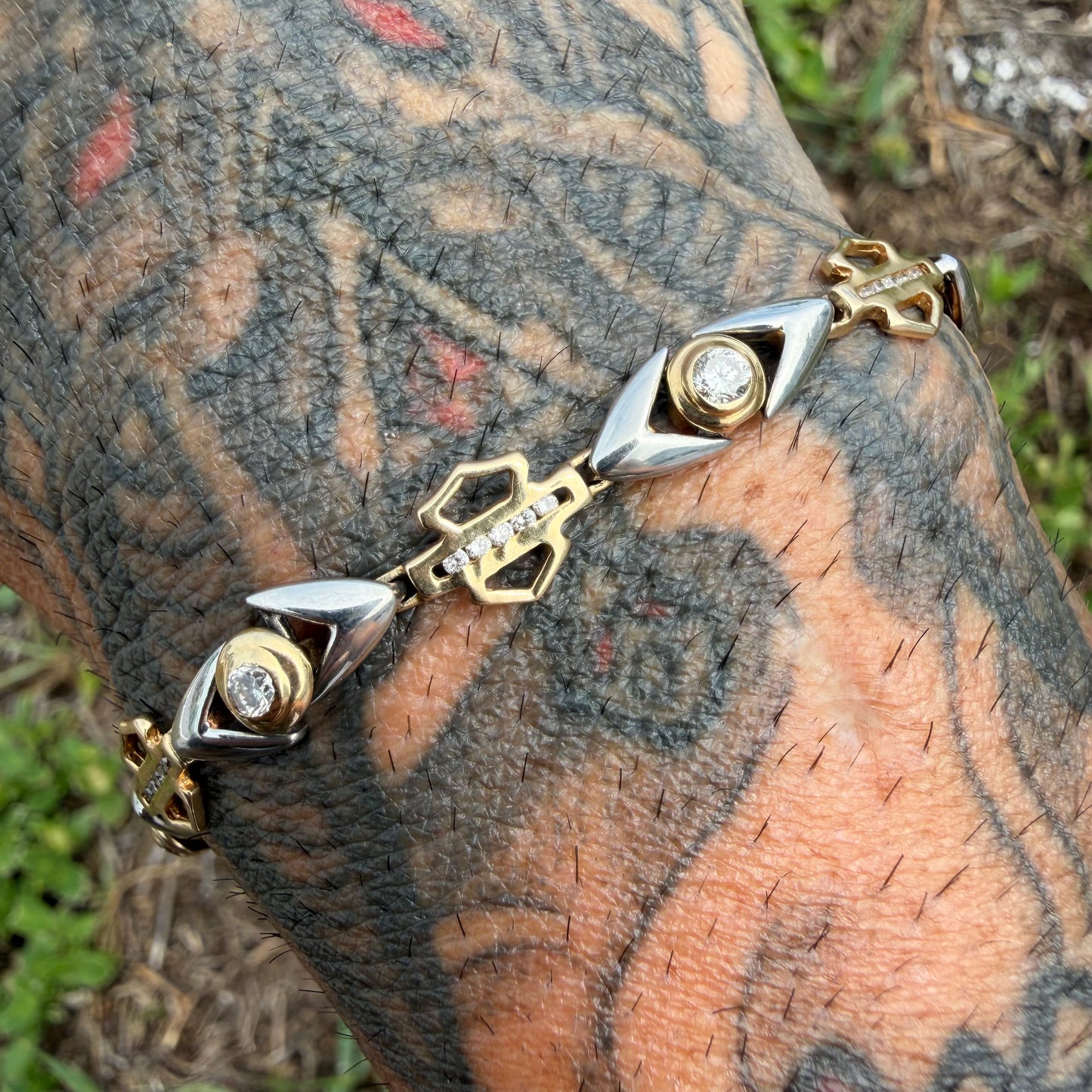 Vintage Solid 14k Yellow Gold .950 Platinum 1.25ctw Natural Diamond Harley-Davidson Bracelet (7”)