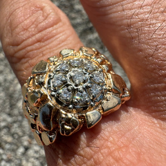 1970’s Solid 14k Yellow Gold .50ctw Natural Diamond Kentucky Cluster Nugget Ring (12.75)