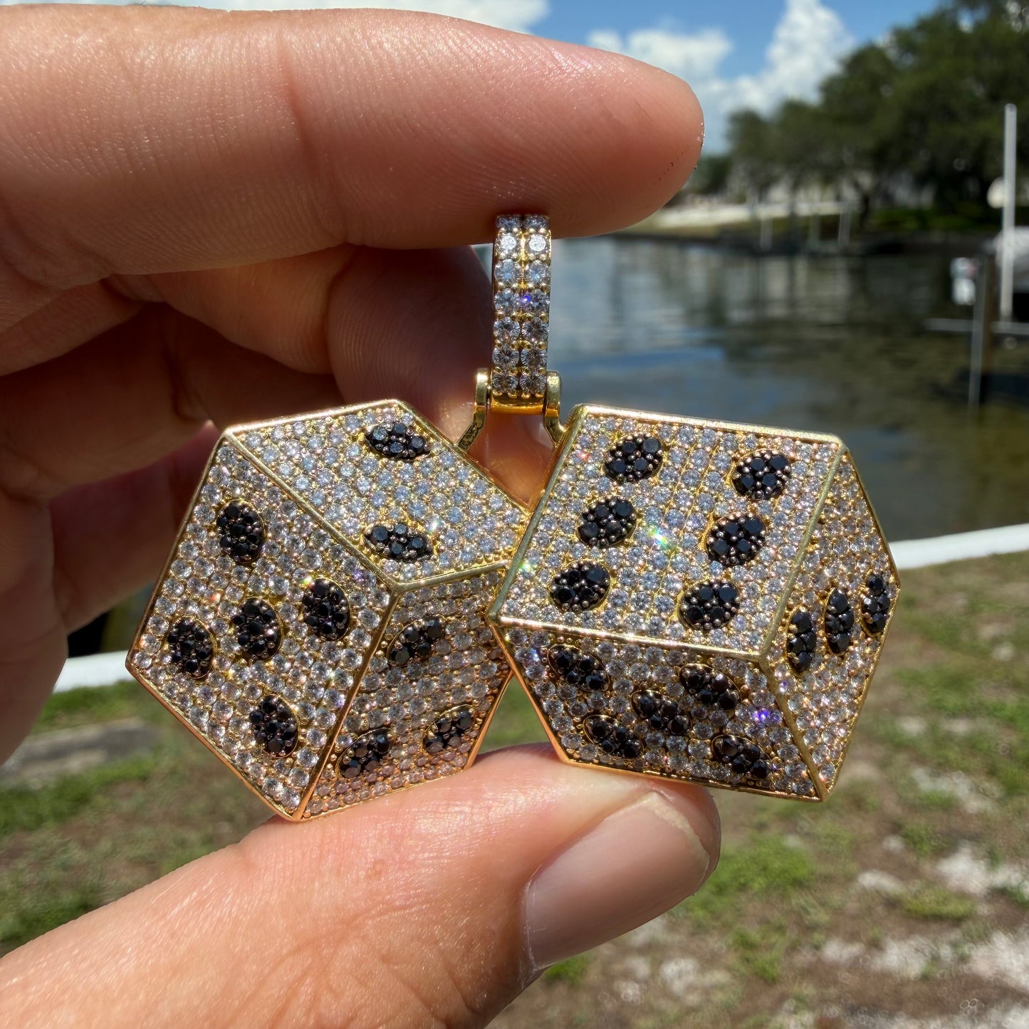 Custom Made Solid 18k Yellow Gold 5.15CTW Natural VS Diamond Encrusted Dice Pendant