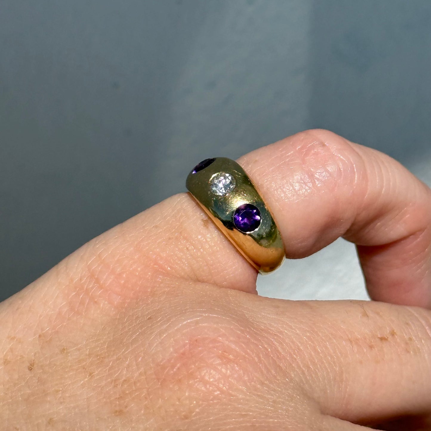 Art Deco Solid 14k Yellow Gold .75ctw Natural Old Euro Cut Diamond & Amethyst Trilogy Gypsy Ring (4.25)