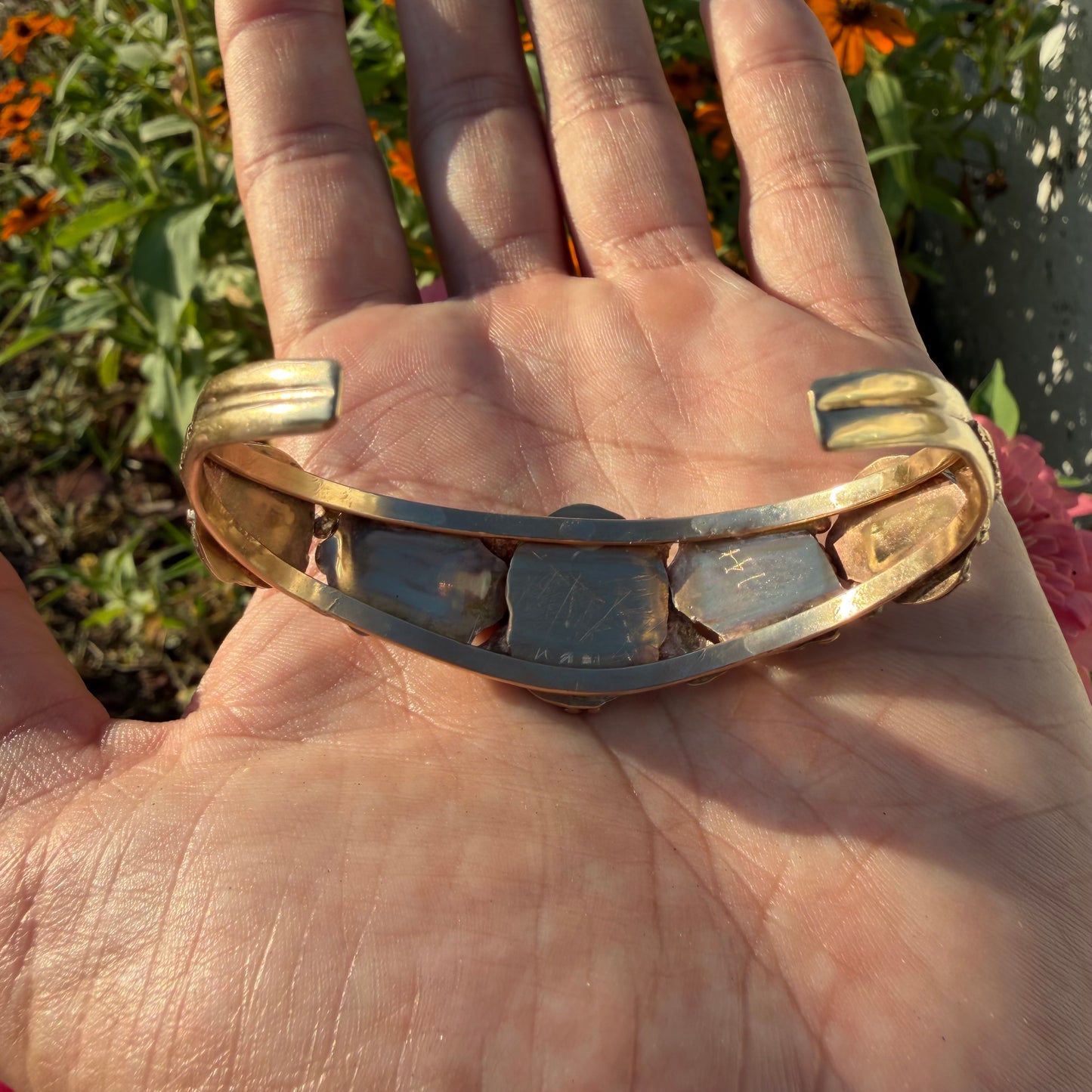 Vintage Solid 14k Yellow Gold Navajo Artist Signed Justin Morris Kingman Turquoise Cuff (6”-7”)