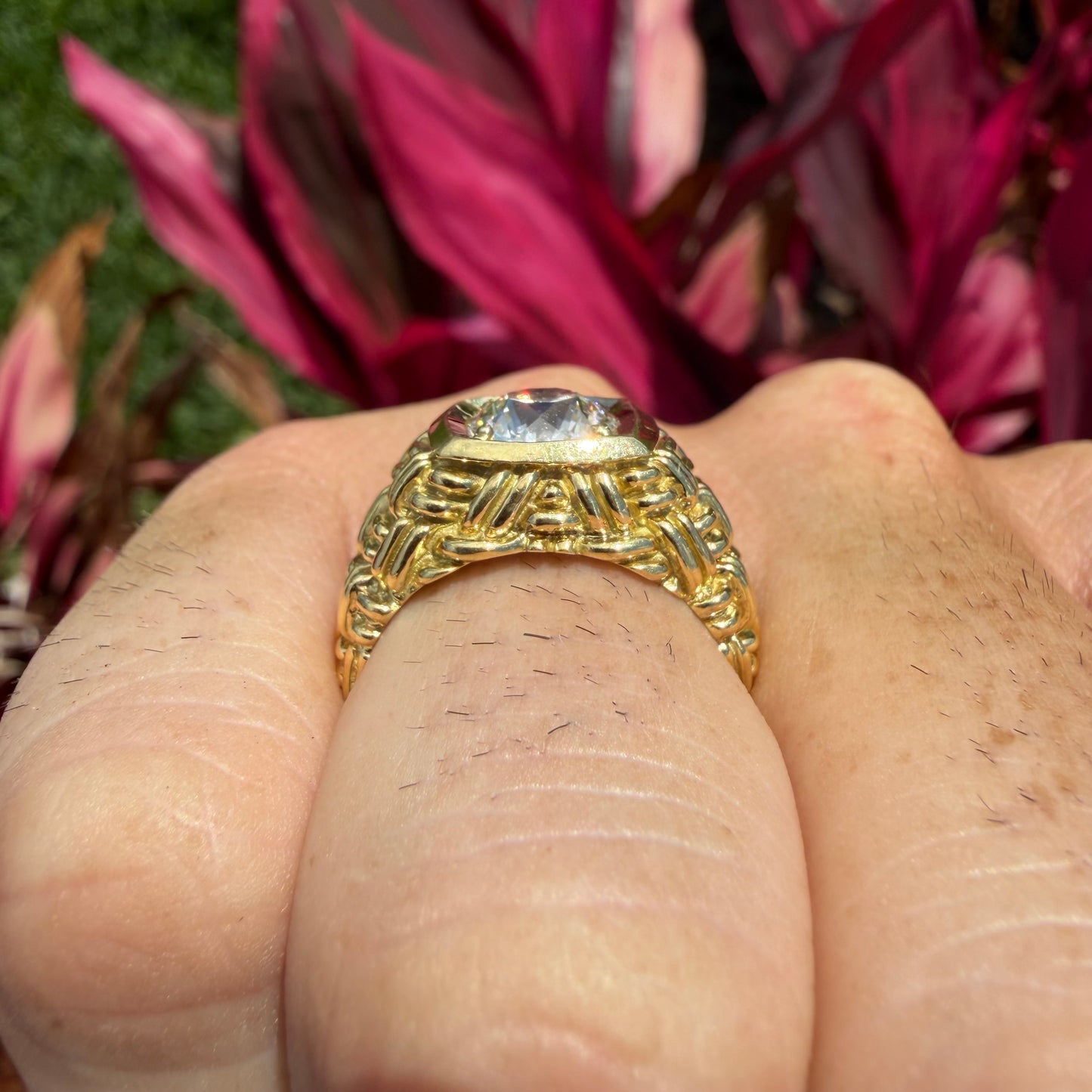 Vintage 2.0ct Natural VS1/I Old Euro Cut Diamond Solid 18k Yellow Gold Basket Weave Solitaire Ring(8)