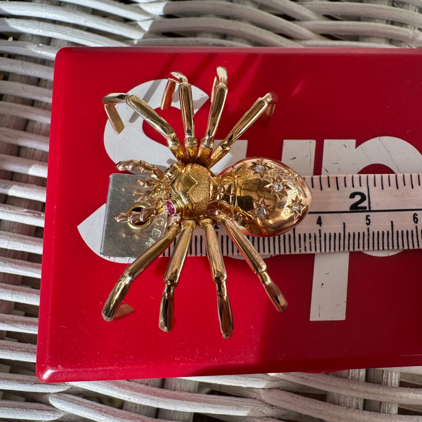 Victorian Solid 18k Gold Natural Rose Cut Diamond And Ruby Large Spider Brooch Pendant