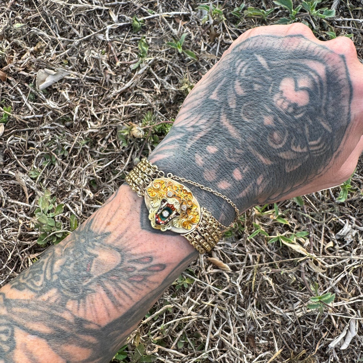 Art Nouveau Solid 14k Yellow Gold Natural Old Mine Cut Diamond Enameled Tiger Bracelet (6.25”)