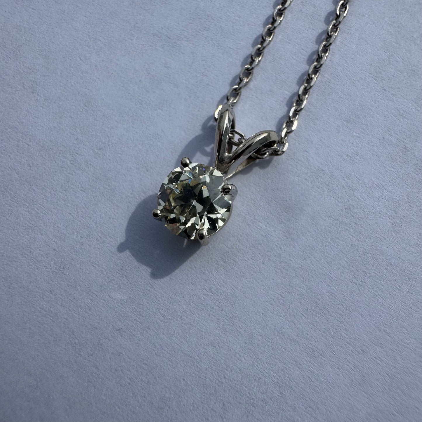 Antique 1.0ct Old Euro Cut Natural Diamond Solitaire Solid 14k White Gold Necklace (18”)