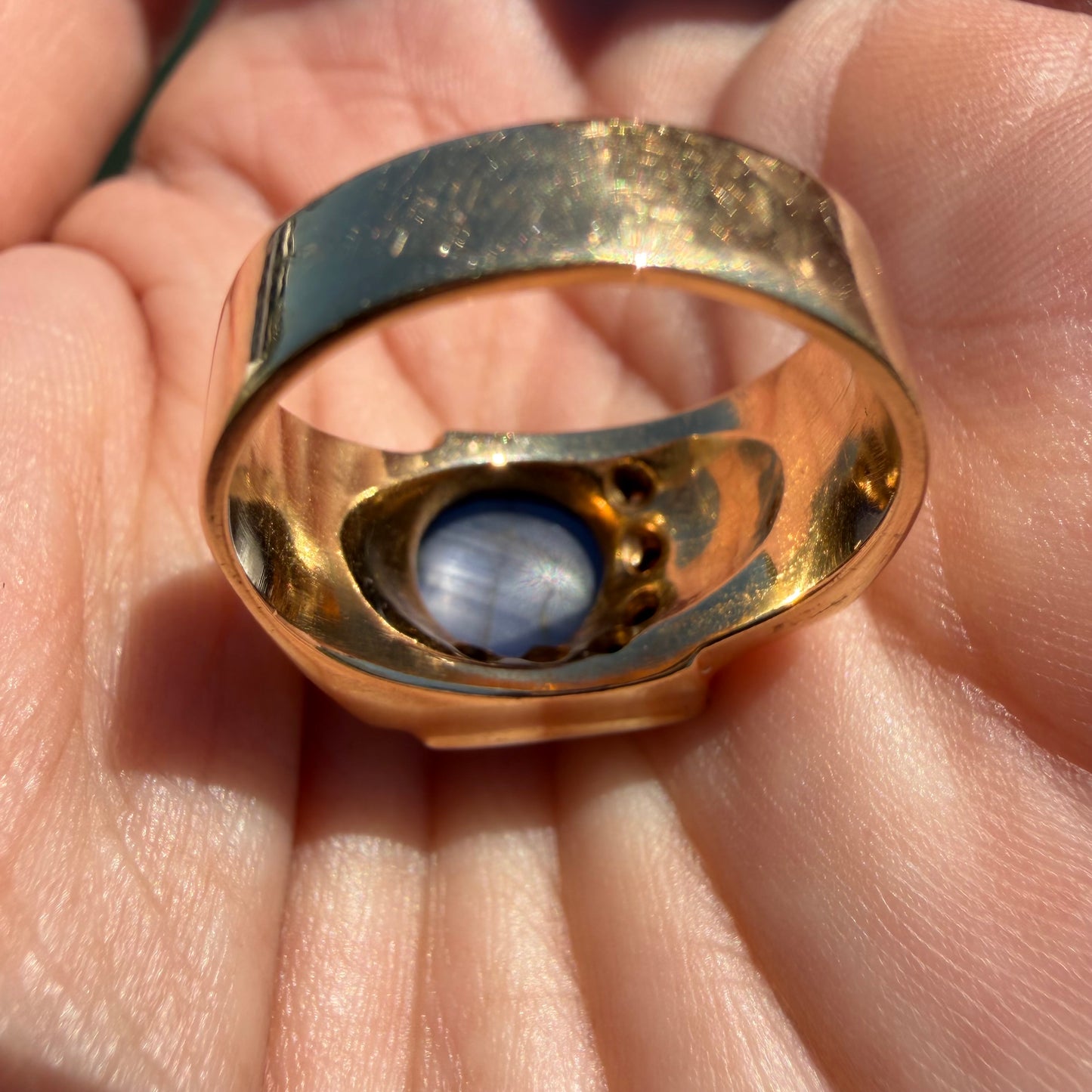 Art Deco Solid 14k Yellow Gold Natural Blue Star Sapphire Old Euro Cut Diamond Ring (8)