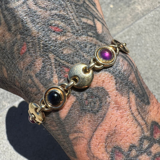 Vintage Solid 14k Italian Yellow Gold Bezel Set Multi Stone Heavyweight Puffed Gucci Bracelet (7.5”)
