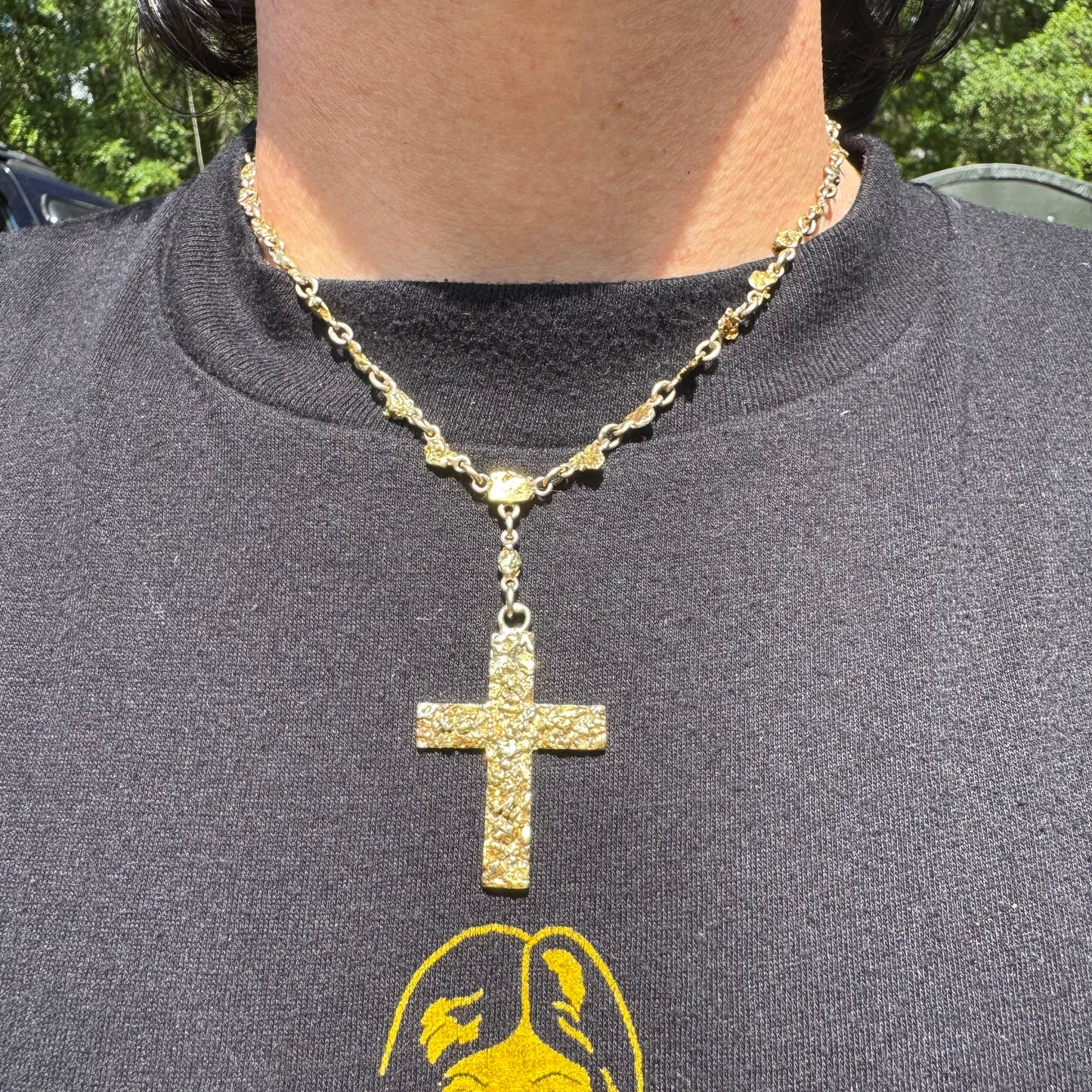 1890’s Yukon Gold Rush Era Natural Raw 20k Gold Nugget Cross Fob Watch Chain Necklace (16.5”)