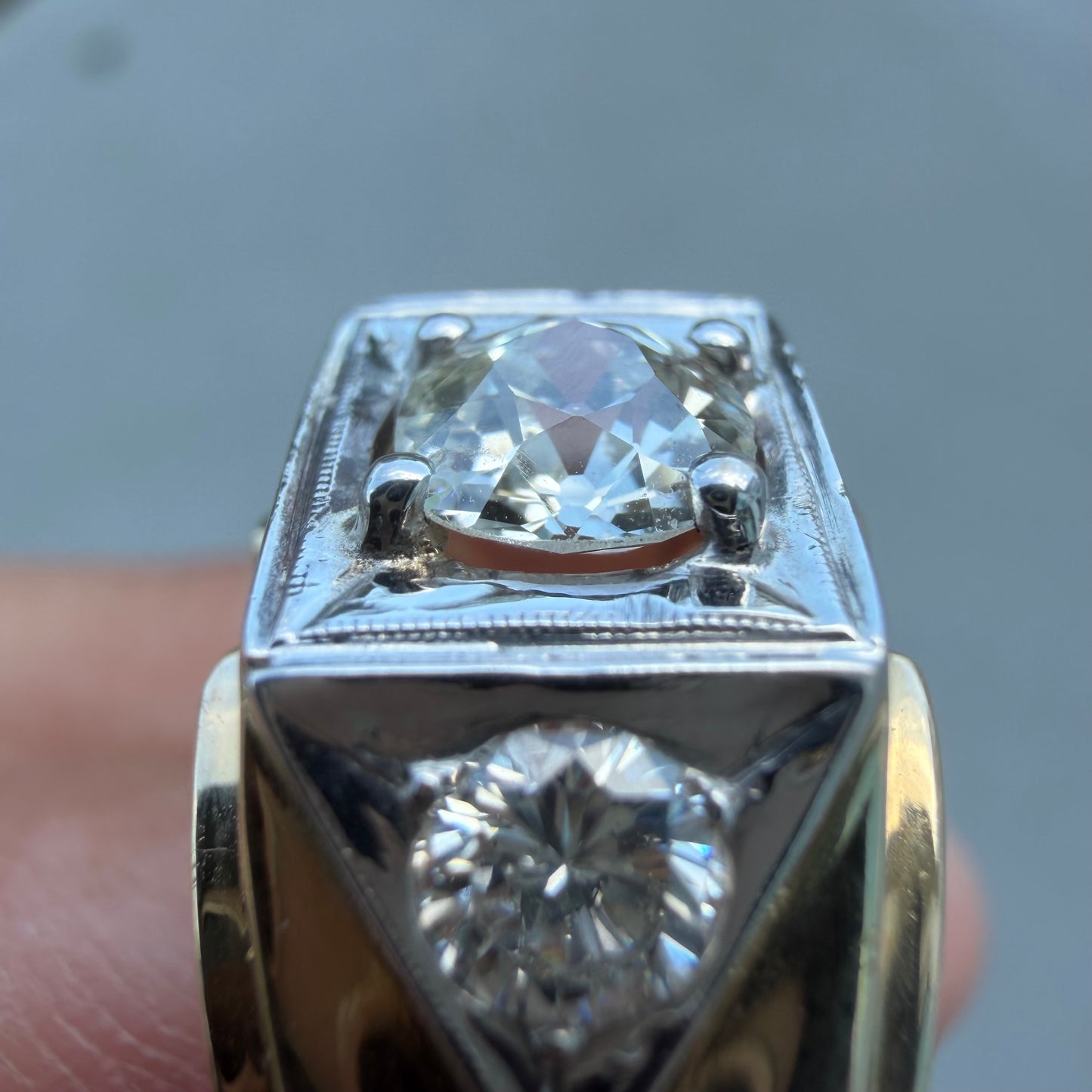 Art Deco Solid 14k Yellow Gold 1.7ctw Natural Old Euro Cut Diamond Trilogy Ring (14)