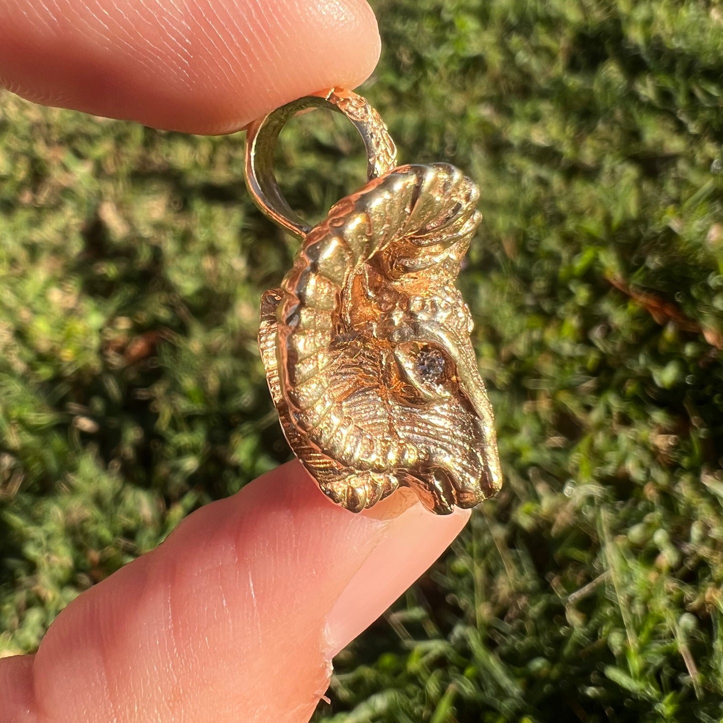 Vintage Solid 14k Yellow Gold Custom Diamond Encrusted Ram Pendant