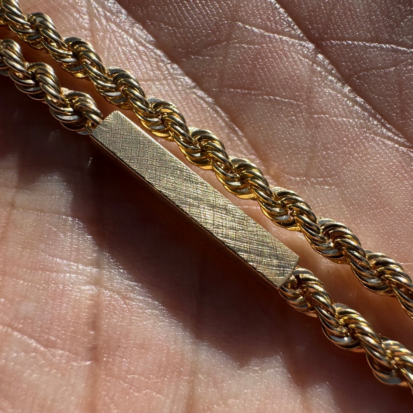 Mid-Century Solid 14k Yellow Gold Classic Braided Rope Bar Link Necklace (16.25”)