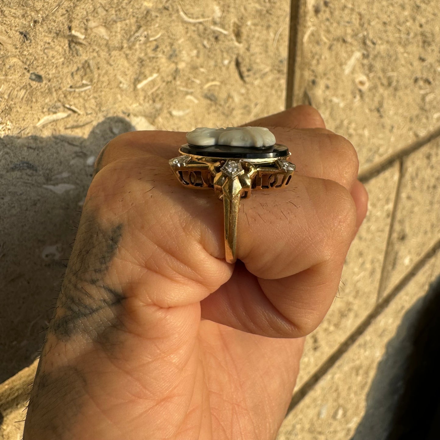 Art Deco 14k Yellow Gold And Platinum .25ctw Natural Diamond Athena (Goddess Of War) Cameo Ring (6.75)