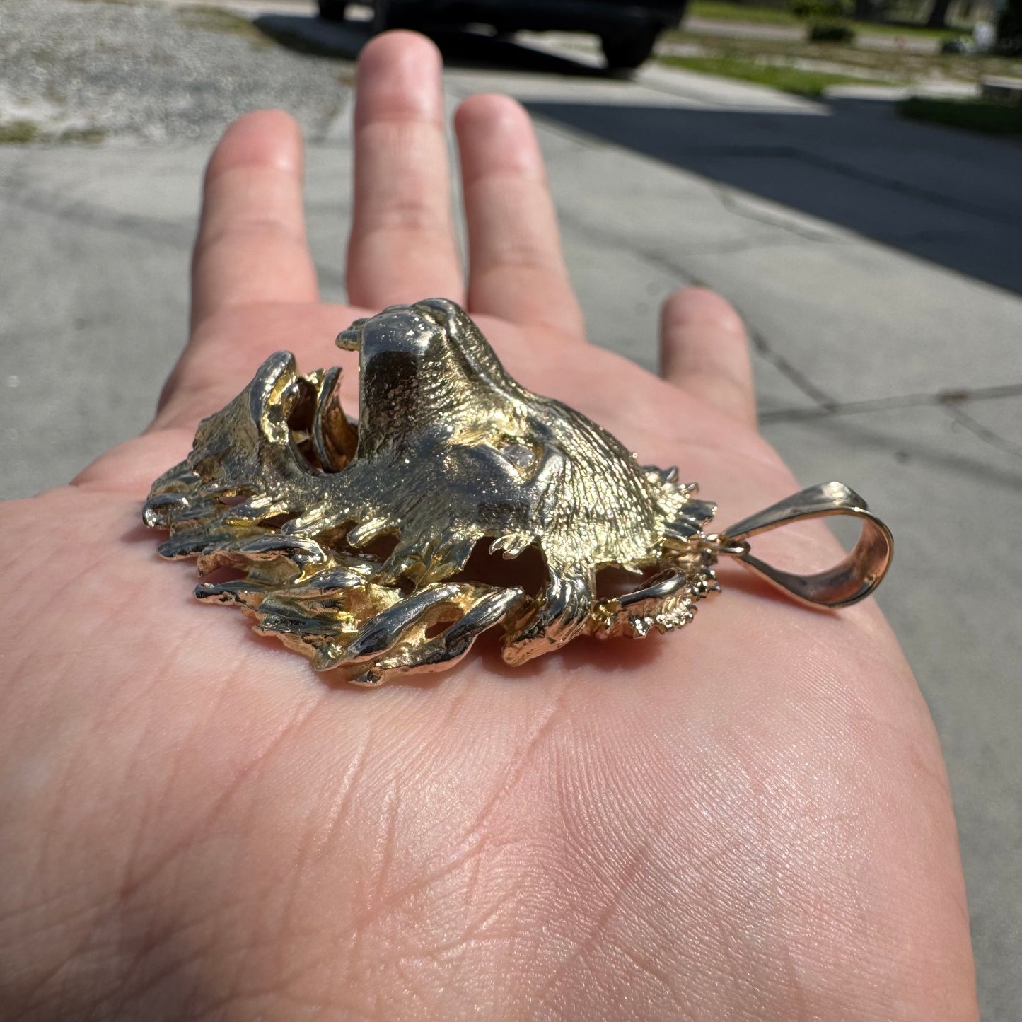 Vintage Solid 14k Yellow Gold Natural Diamond Large Heavyweight Lion Pendant