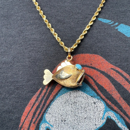 Pre-1975 Imported British Hallmarked 18k Yellow Gold Persian Turquoise Fish Pendant