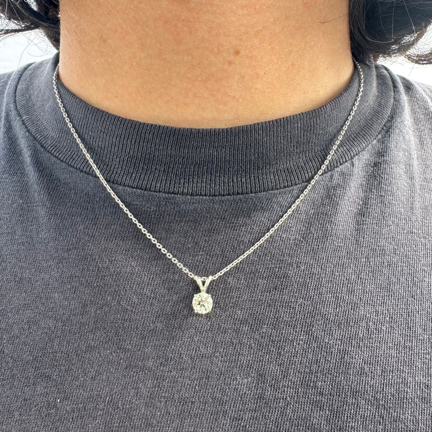 Antique 1.0ct Old Euro Cut Natural Diamond Solitaire Solid 14k White Gold Necklace (18”)