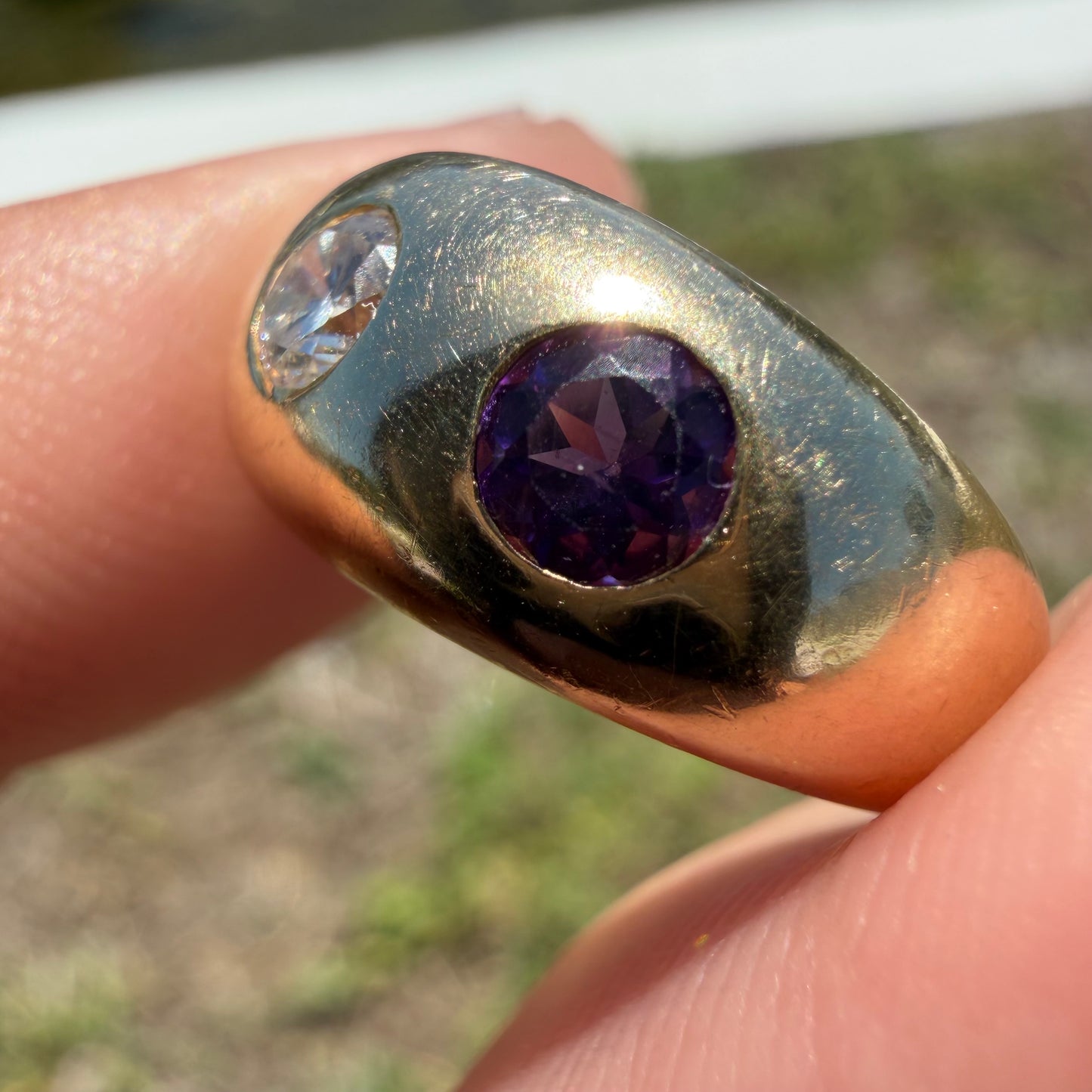 Art Deco Solid 14k Yellow Gold .75ctw Natural Old Euro Cut Diamond & Amethyst Trilogy Gypsy Ring (4.25)