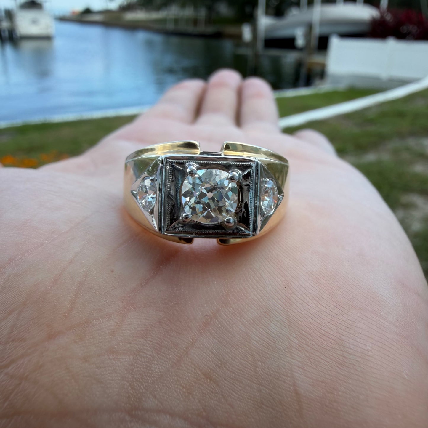 Art Deco Solid 14k Yellow Gold 1.7ctw Natural Old Euro Cut Diamond Trilogy Ring (14)