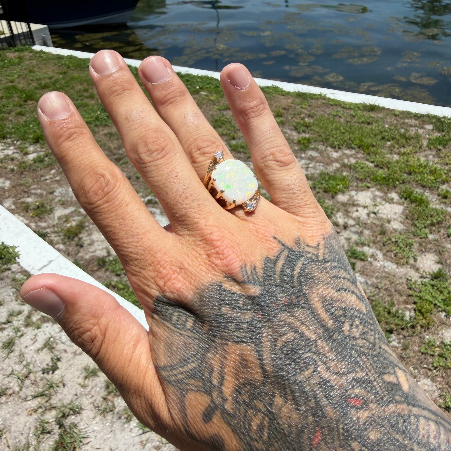 Vintage Artisan Crafted Solid 14k Yellow Gold Natural White Opal And Diamond Brutalist Ring (8)