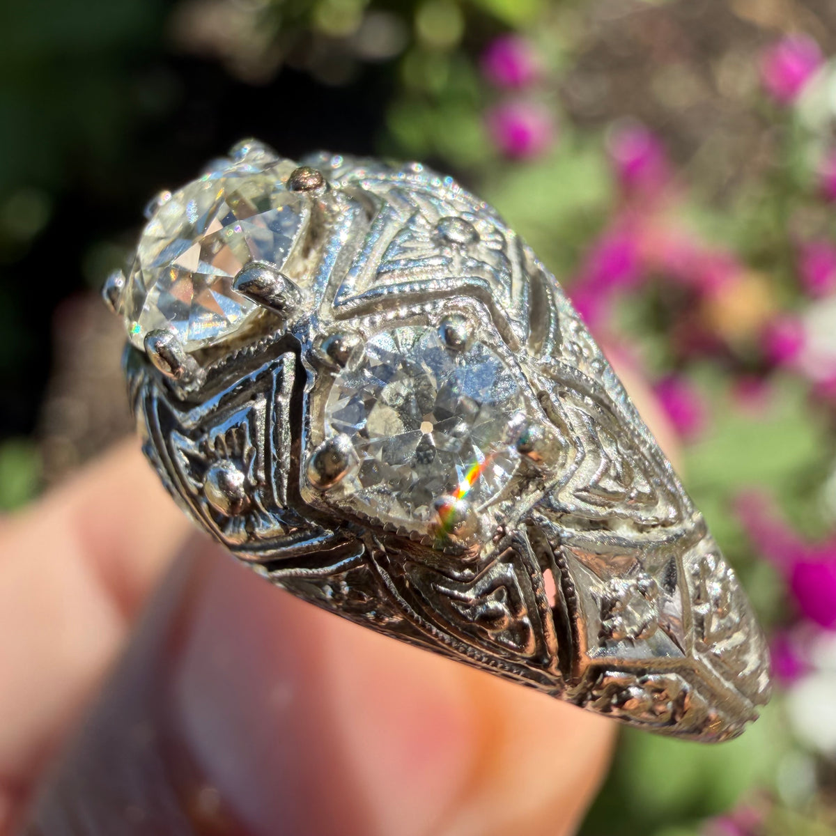 Art Deco Solid Platinum 1.0ctw Natural Old Euro Cut Diamond Trilogy Dome Ring (6.5)