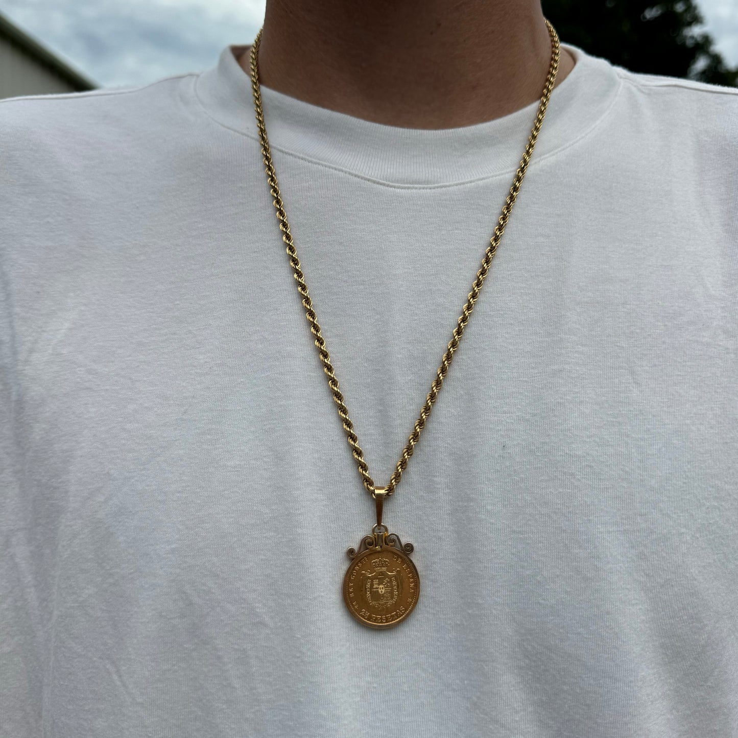 1877 $25 Pesetas Spanish Gold Coin (22k) In Original 18k Handmade Bezel Pendant